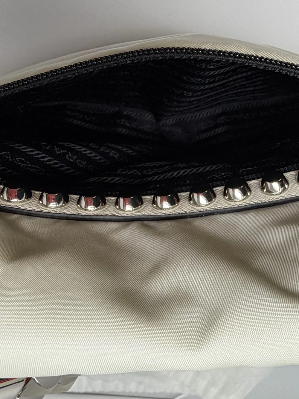 Prada White Nylon Shoulder Bag with Red Trim & Silver Studs